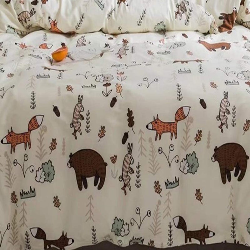 Houseri Beige Bear Comforter Set Twin Size 3 Pieces Toddler Girls Boys Woodland Theme Cartoon Bedding Sets Ultra Comfy Fox Rabbit Forest Animal Print Breathable Soft Bed Quilt Blanket Twin Kids Gift - Image 3